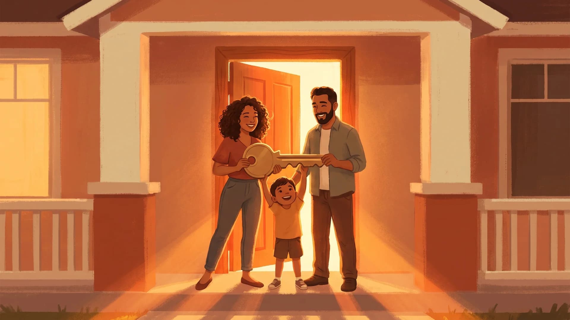 Familia latina con llaves en la puerta de su nuevo hogar, ilustración editorial