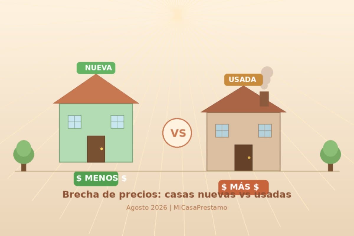 Comparación visual entre casa nueva y casa usada con etiquetas de precio
